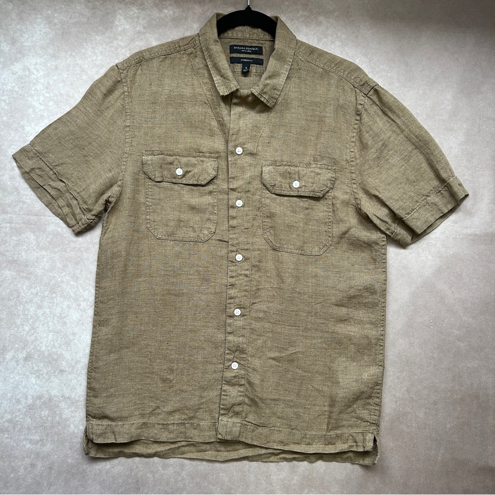 Banana Republic 100% Linen Standard Fit Safari Khaki Brown Button Down Shirt S
